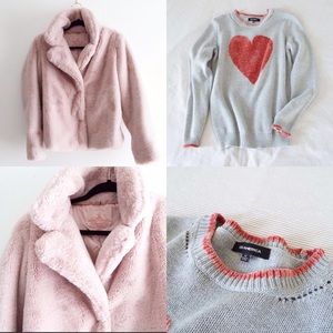 Faux fur coat/jacket and heart sweater